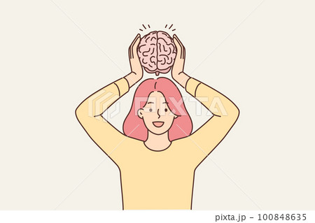 Smiling woman hold brain model Smiling woman hold brain model 100848635