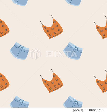 Boho clothes, tank top and shorts, seamless pattern, vector. 100849408