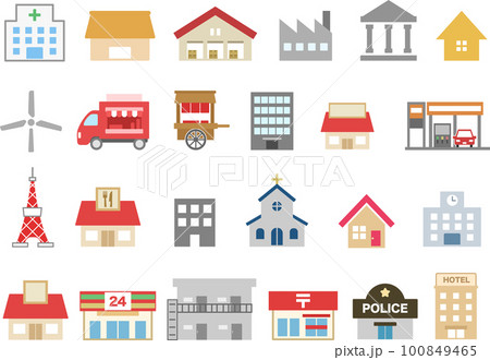 いろいろな建物のカラフルなイラストアイコンセット 100849465