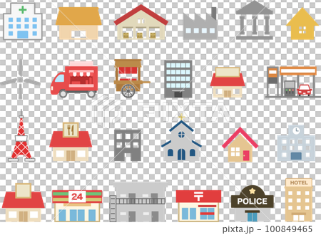 いろいろな建物のカラフルなイラストアイコンセット 100849465
