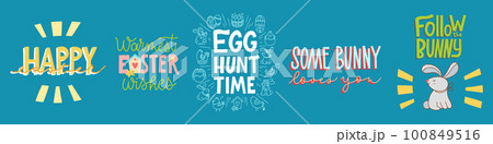 Joyful Happy Easter hand-drawn lettering greeting cards set 100849516