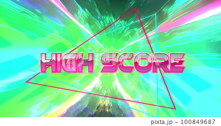 Image of high score text and triangle on multi coloured background 100849687