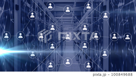Composition of light trails and network of connections with icons over server room 100849688