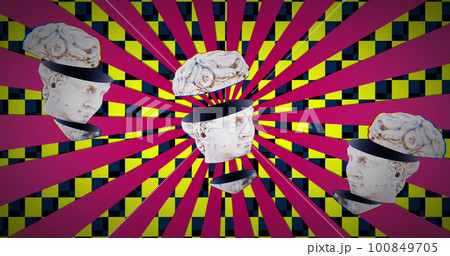 Image of head sculptures over pink lines on checkered background Image of head sculptures over pink lines on checkered background 100849705