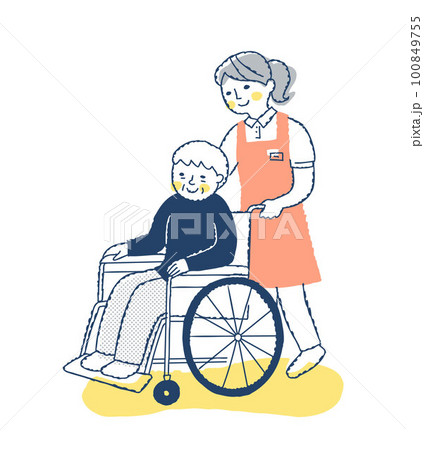 車いすのシニア女性と介護スタッフ 車いすのシニア女性と介護スタッフ 100849755
