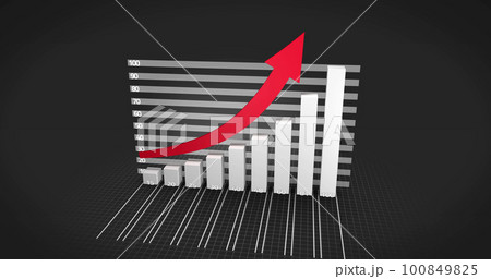 Composition of red arrow over statistics processing over black background 100849825