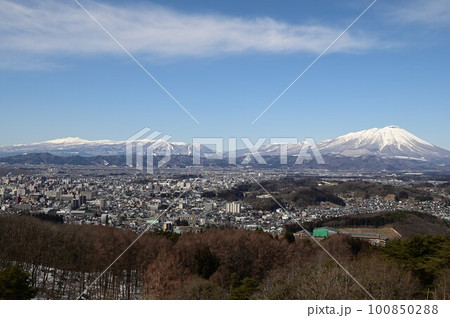 岩山展望台から見える風景 盛岡市と岩手山 100850288