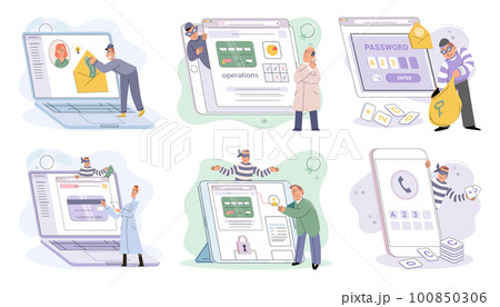 Hacker activity big set. Hacking computer. Phishing account, cyber attack on personal data 100850306