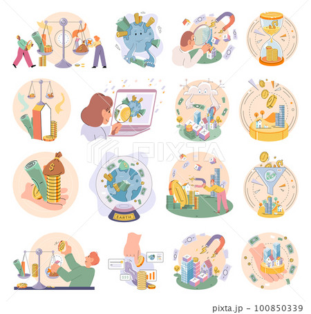 Time and money, deferred payment, financial system of global economy, capital investment vector set Time and money, deferred payment, financial system of global economy, capital investment vector set 100850339