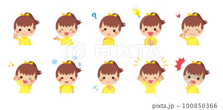 色々なポーズをする可愛い女の子のイラスト　セット　喜怒哀楽　バリエーション　白背景 100850366