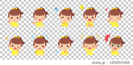 Illustration set of cute girls doing various poses Emotions variations White background Illustration set of cute girls doing various poses Emotions variations White background 100850366
