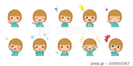 色々なポーズをする可愛い女の子のイラスト　セット　喜怒哀楽　バリエーション　白背景 100850367
