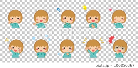 色々なポーズをする可愛い女の子のイラスト　セット　喜怒哀楽　バリエーション　白背景 100850367