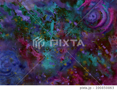 neon fluid blue, violet and green watercolor background with spiral circular lines drawn 100850863