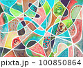 watercolor graphic lines and spots of paint of orange, blue, green color with white lines 100850864