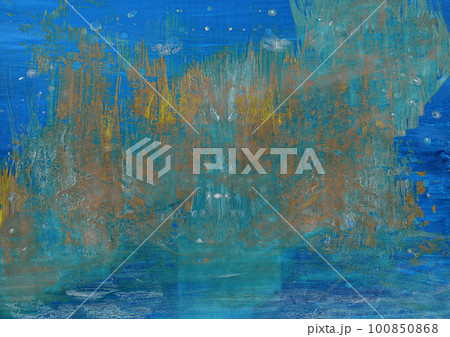 abstract blue green textural background with brown paint lines, divorces, furrows, inflows, coasts 100850868