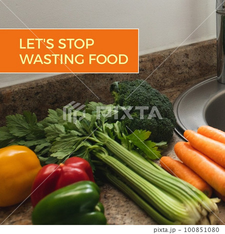 Composite of let's stop wasting food text over carrots, bell pepper, broccoli and leaf vegetables 100851080