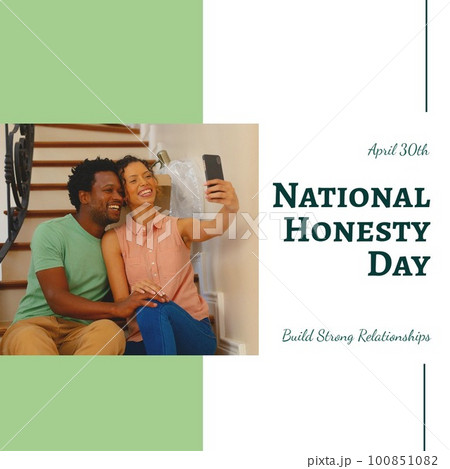 April 30th, national honesty day text and multiracial happy young couple taking selfie on steps April 30th, national honesty day text and multiracial happy young couple taking selfie on steps 100851082