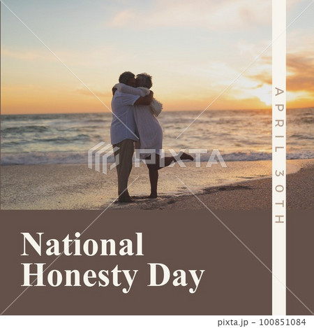 Composite of april 30th and national honesty day text, diverse senior couple kissing at scenic beach Composite of april 30th and national honesty day text, diverse senior couple kissing at scenic beach 100851084