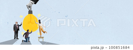 Motivated employees, office workers generating profitable ideas, standing near giant light bulb. Banner. Contemporary art collage. 100851684