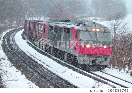 降りしきる雪の中を駆け抜ける貨物列車 100851741