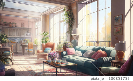 お洒落なリビングルームの建築パース 水彩イラスト AI画像のイラスト素材 [100851755] - PIXTA
