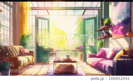 Beautiful Traditional Japanese Living Room with Sliding Doors Opened.  Garden with Cherry Blossom Visible in the Background Stock Photo - Image of  living, anime: 263539434