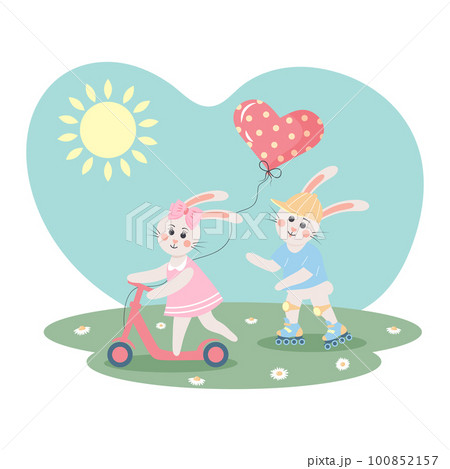 Cute bunny girl on a kick scooter with a heart balloon and a bunny boy on roller skates on the meadow. Summer, outdoor sports, vacation. Cute bunny girl on a kick scooter with a heart balloon and a bunny boy on roller skates on the meadow. Summer, outdoor sports, vacation. 100852157