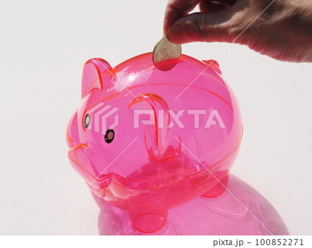 ブタの貯金箱にコインを入れる 100852271