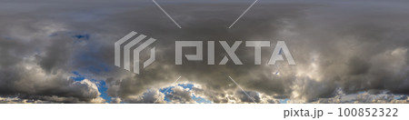 Overcast sky panorama on rainy day with Nimbostratus clouds in seamless spherical equirectangular format. Full zenith for use in 3D graphics, game and for aerial drone 360 degree panorama as sky dome. 100852322