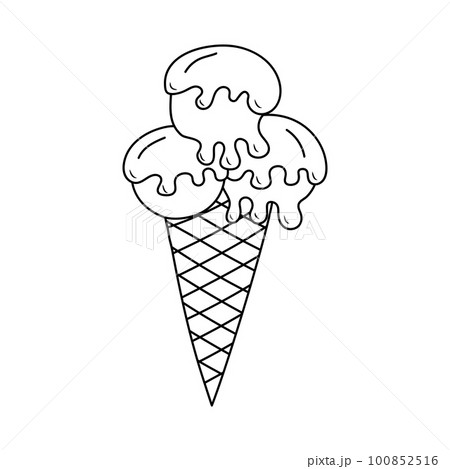 Melting ice cream balls in the waffle cone in doodle style. Melting ice cream balls in the waffle cone in doodle style. 100852516
