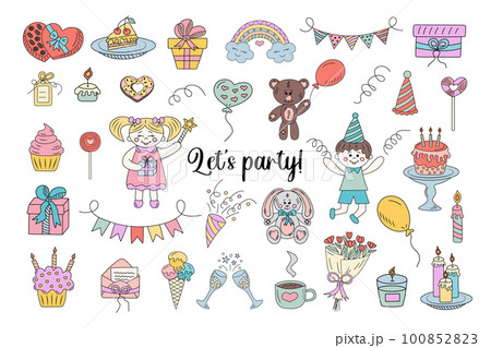 Big birthday celebration doodle clipart set. Hand drawn icons collection. Party time concept. 100852823