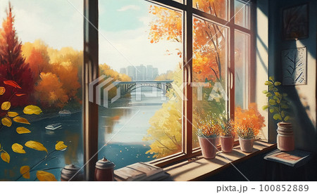 窓から見える秋の風景 水彩イラスト AI画像のイラスト素材 [100852889