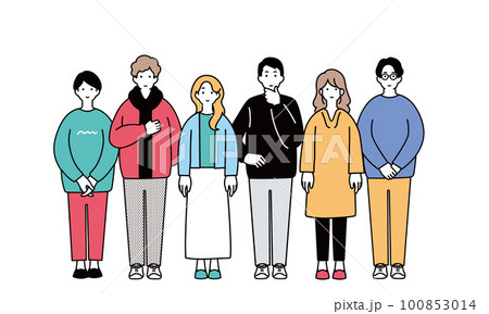 一列に並ぶ若者のシンプルなイラスト 一列に並ぶ若者のシンプルなイラスト 100853014