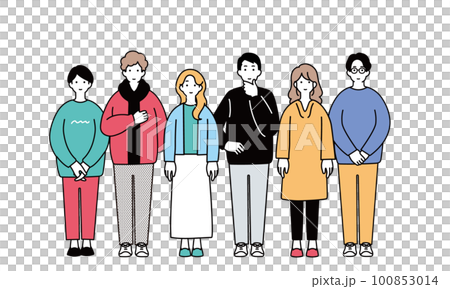 A simple illustration of young people standing in a row 100853014