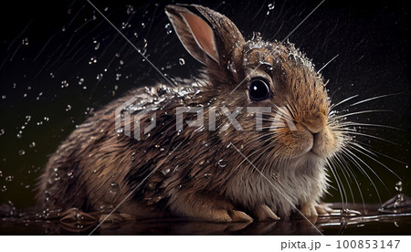 Wet cute rabbit sitting on grass after a rain shower. Wet cute rabbit sitting on grass after a rain shower. 100853147