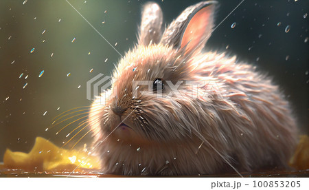 Wet cute rabbit sitting on grass after a rain shower. Wet cute rabbit sitting on grass after a rain shower. 100853205