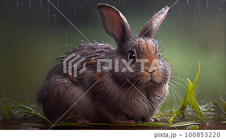 Wet cute rabbit sitting on grass after a rain shower. Wet cute rabbit sitting on grass after a rain shower. 100853220