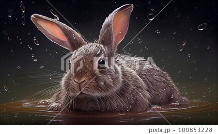 Wet cute rabbit sitting on grass after a rain shower. Wet cute rabbit sitting on grass after a rain shower. 100853228