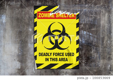 Zombie shelter poster on a concrete wall Zombie shelter poster on a concrete wall 100853669