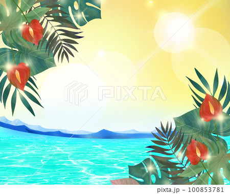 美しい海とヤシの葉と赤の花ー極楽鳥花ー夏のおしゃれフレーム背景素材 100853781