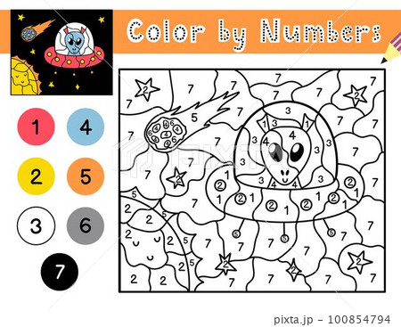 Color by numbers game for kids. Coloring page with a cute alien in outer space 100854794