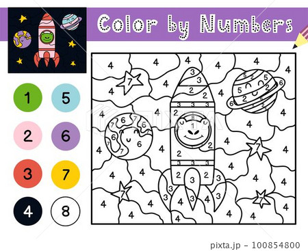 Color by numbers game for kids. Space coloring page with a frog in rocket Color by numbers game for kids. Space coloring page with a frog in rocket 100854800