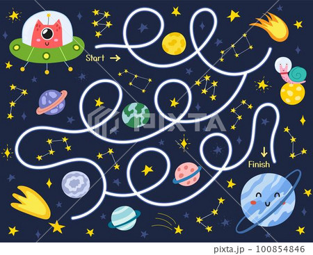 Space maze puzzle for kids. Help a cute alien in a flying saucer find way to the planet Space maze puzzle for kids. Help a cute alien in a flying saucer find way to the planet 100854846