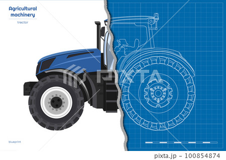 Blue tractor drawing. Isolated agricultural machine. Top, side and front views of farmer vehicle. 3d industrial outline blueprint Blue tractor drawing. Isolated agricultural machine. Top, side and front views of farmer vehicle. 3d industrial outline blueprint 100854874