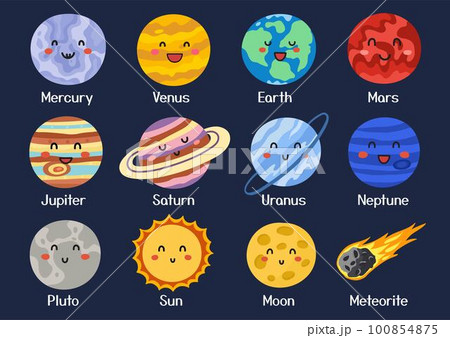 Cute planet set in cartoon style. Solar System poster for kids Cute planet set in cartoon style. Solar System poster for kids 100854875