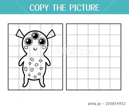Copy the picture activity page for kids. Draw and color a cute alien using the example Copy the picture activity page for kids. Draw and color a cute alien using the example 100854952