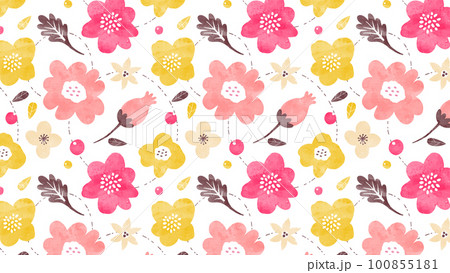 花の水彩パターン背景 ピンクと黄色のパステルカラーの植物柄イラスト