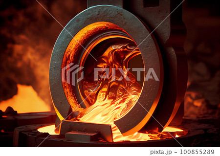 Liquid iron molten metal pouring in container, industrial metallurgical factory, foundry cast, heavy industry background 100855289