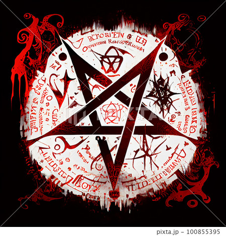 Black mass montage of occult Satanic pentagram materialising against a grunge texture background of alchemy symbols. 100855395